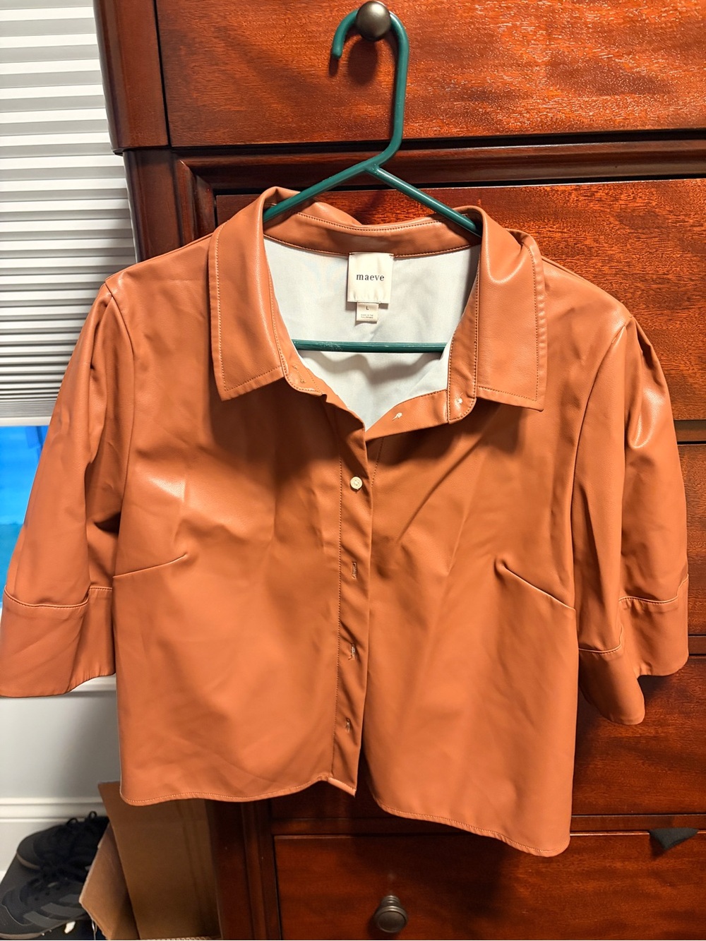 Maeve Cropped Vegan Leather shirt in Cognac